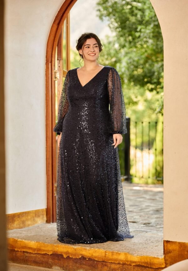 Plus Size V-Neck Lantern Long Sleeve Sequin A-Line Evening Dress